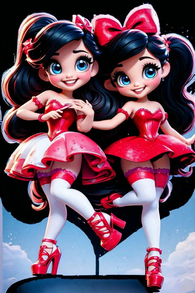 3d illustration, pixar style, cute chibi,  ariana grande, black hair, long hair, red bow in hair, dress red with black with white dots, bright eyes, big eyelash, pink cheeks, happy, smiling, glitter, white socks, red high heels shoes, exuberant, fantastic, cute pose, wonderful, white background, clean solid background, hq, 8k, masterpiece
