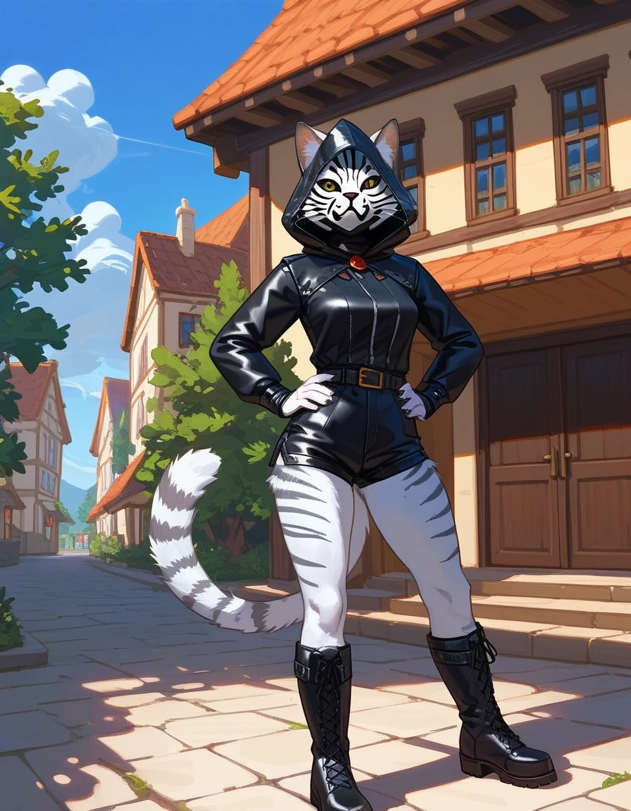 Solo, score_9,score_8_up,score_7_up, source_cartoon, kat, Anthro furry feline, female, hourglass figure, silver fur, grey stripes, furry body, wearing executioners mask, black executioners hood, , hands on hips, walking on wooden gallows, outdoors, in a village, nighttime, hands on hips, black tunic, black belt, black leather short shorts, black boots, black caplet,
