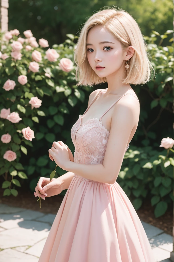8K, CRU photo, Fujifilm, style photo of a beautiful young woman like Avril in a light pink rose garden (highly detailed skin: 1.2) Style-Petal BREAK short hair, blonde hair with colored highlights, wearing a dress, film grain, 35mm, cute style