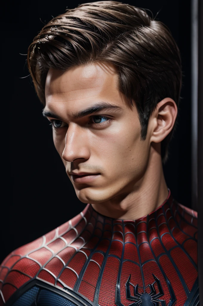 A photograph of spider man, no mask, 20 yo, handsome, detailed face, looking at camera, portrait, 8k uhd, high quality