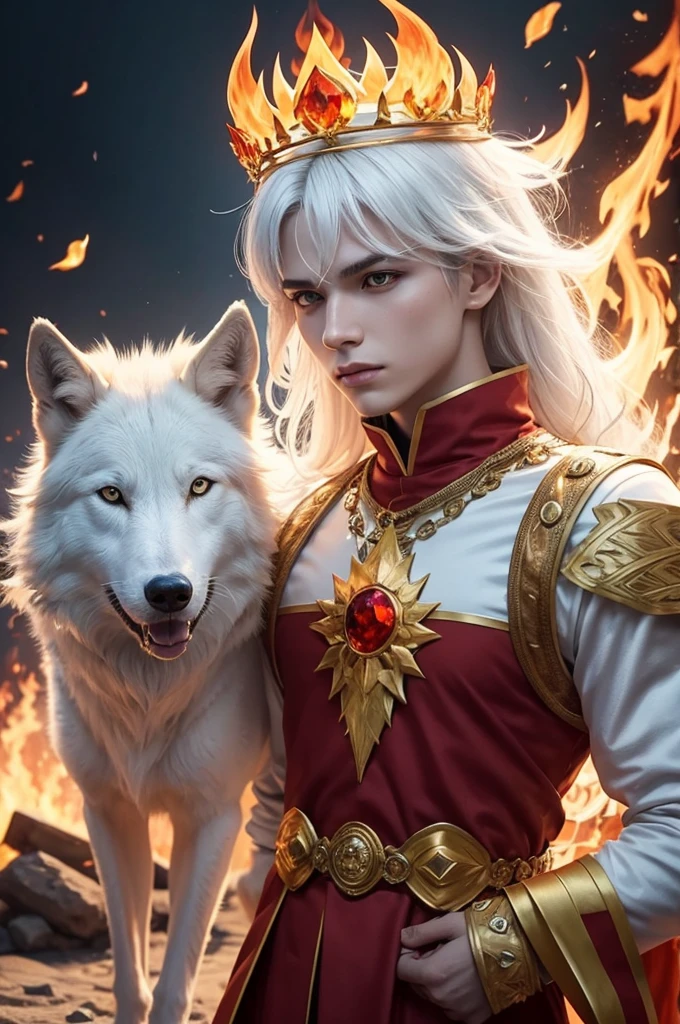 A white wolf with an iconic fire element outfit, a crown of fire with pieces of precious stones 