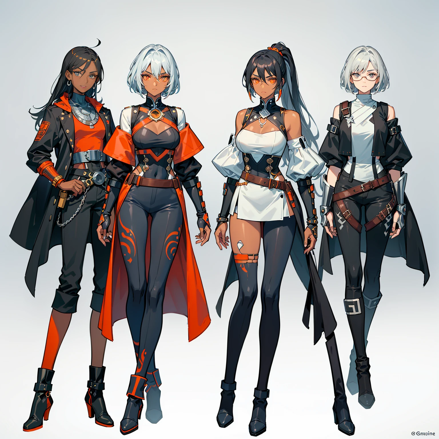 (((three characters))), female, (((dark skin)))), Black hair with ponytail, Light blue eyes, Round glasses with small dark lenses, This lens is orange, and Light Blue frame, ( ((Black metallic gauntlets and greaves with orange and silver details)), (((The clothes have a mix of modern and tribal)))), Having mainly black color, but having pieces of orange, Bare shoulders, On the hips , pants extending to mid-thigh in black.
