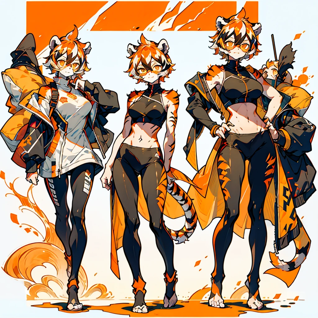 white background, full body, solo, 1girl, Standing Yoga mat, heading up, proud, young girl, animal ears, arknights, white hair, black hair, round eyewear, glasses, OPPEIN, short hair, large breasts, muscle, tail, orange eyes, orange hair, multicolored hair, tiger girl, furry female, hair between eyes, tiger_ears, tiger_tail, waai_fu, orange-tinted_eyewear, tinted_eyewear, Sophorae, ワイフー, waai_fu_arknights, tattoo, petite, neck tattoo, big breasts, stomach tattoo, bra, panties, evil smile, Shadows under feet, Abdominal muscles, nsfw, hentai, Yoga tights, Yoga balls