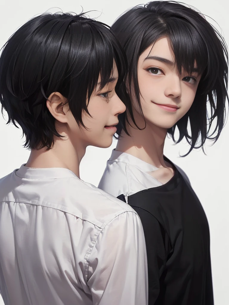 (((Masterpiece))), (high quality), one Japanese boy, 18 years old,(tall and thin,sleepy droopy eyes, long face,thin cheeks:1.5),(black shaggy short hair,blank expression,smile:1.5),Short Hair,Perm,White shirt,(Back view:1.5),(Plain background:1.5),