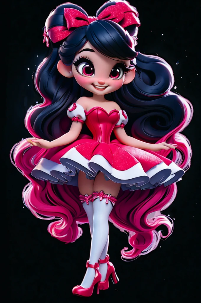 3d illustration, pixar style, cute chibi,  ariana grande, black hair, long hair, red bow in hair, dress red with black with white dots, bright eyes, big eyelash, pink cheeks, happy, smiling, glitter, white socks, red high heels shoes, exuberant, fantastic, cute pose, wonderful, white background, clean solid background, hq, 8k, masterpiece
