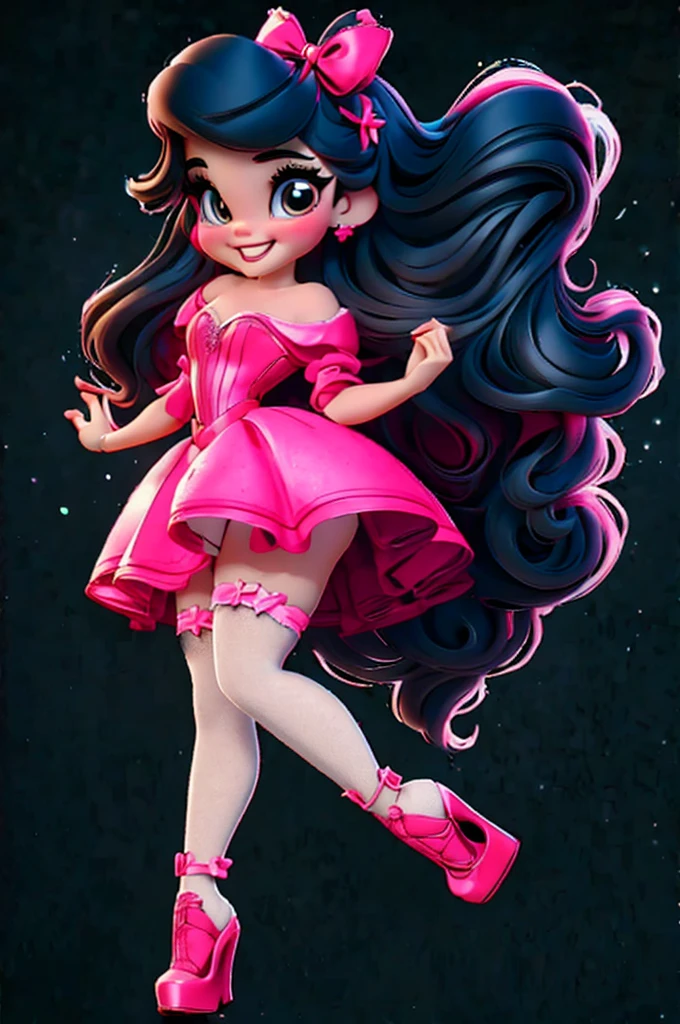 3d illustration, pixar style, cute chibi, baby girl ariana grande, black hair, long hair, red bow in hair, dress red with black with white dots, bright eyes, big eyelash, pink cheeks, happy, smiling, glitter, white socks, red high heels shoes, exuberant, fantastic, cute pose, wonderful, white background, clean solid background, hq, 8k, masterpiece
