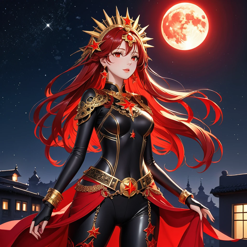 A Beautiful Heroine with a beautiful figure, long, flowing crimson red hair, fair skin tone, and crimson red eyes. She is clad in a black bodysuit with a Red Star pattern on it, gold bands on her wrist, upper arm, belt, and accessories, including gold headdress that is shaped after sun rays. She also have gold earrings in the shape of sun. She is standing on top of a building in the night, with the night sky full of stars, and the moon, her hair and eyes glowing crimson color.