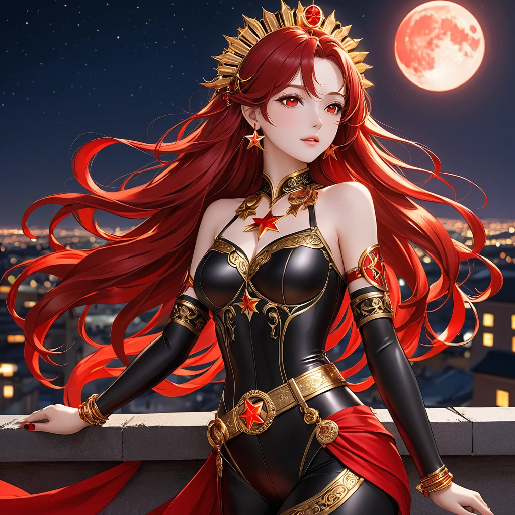 A Beautiful Heroine with a beautiful figure, long, flowing crimson red hair, fair skin tone, and crimson red eyes. She is clad in a black bodysuit with a Red Star pattern on it, gold bands on her wrist, upper arm, belt, and accessories, including gold headdress that is shaped after sun rays. She also have gold earrings in the shape of sun. She is standing on top of a building in the night, with the night sky full of stars, and the moon, her hair and eyes glowing crimson color.
