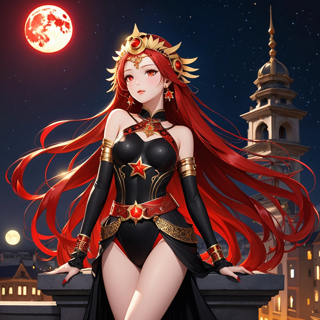 A Beautiful Heroine with a beautiful figure, long, flowing crimson red hair, fair skin tone, and crimson red eyes. She is clad in a black bodysuit with a Red Star pattern on it, gold bands on her wrist, upper arm, belt, and accessories, including gold headdress that is shaped after sun rays. She also have gold earrings in the shape of sun. She is standing on top of a building in the night, with the night sky full of stars, and the moon, her hair and eyes glowing crimson color.