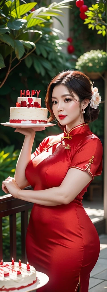 A cinematic photo of a gorgeous curvy china seductive sexiest milf, wearing Modern seductive red Cheongsam, off hand, in her luxurious birthday with birthday cake and gifts in a luxurious garden