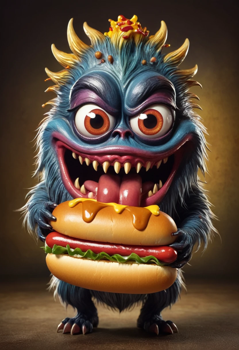 a maionese monster, tiny , with a terrifying killer face, holding a hot dog