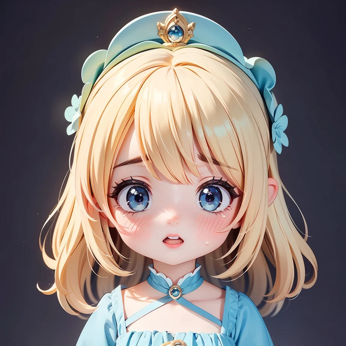  Super Chibi Character：1.8、Wearing cute shoes、background：simple、Blonde Hair、Cute 7  girl、Blue Cinderella Dress、Crying loudly：1.8、