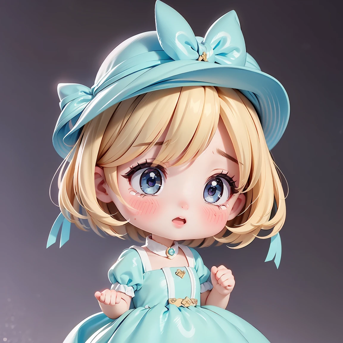  Super Chibi Character：1.8、Wearing cute shoes、background：simple、Blonde Hair、Cute 7  girl、Blue Cinderella Dress、Crying loudly：1.8、