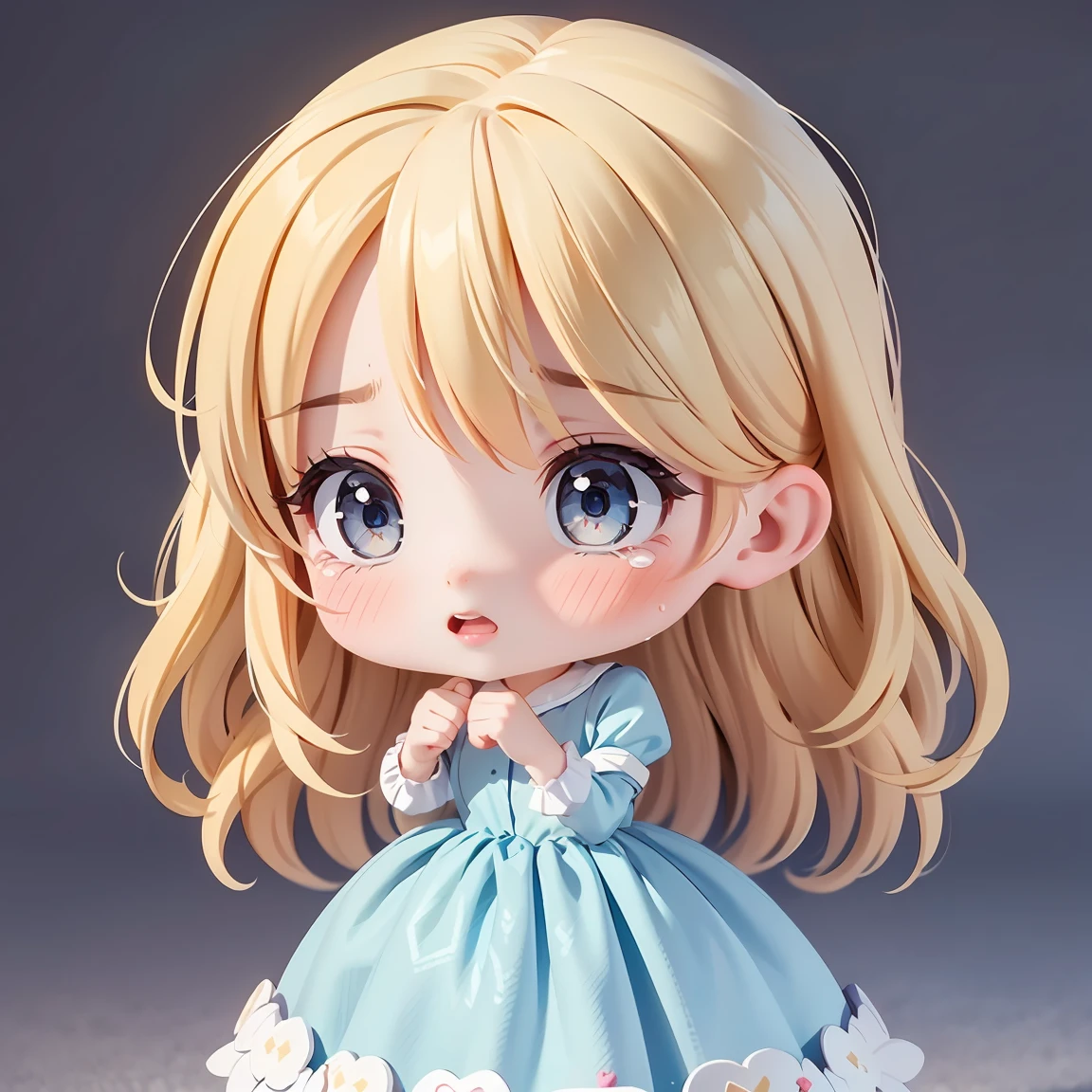 Super Chibi Character:1.8、Wearing cute shoes、background:simple、Blonde Hair、Cute 7 girl、Blue Cinderella Dress、Crying loudly:1.8、