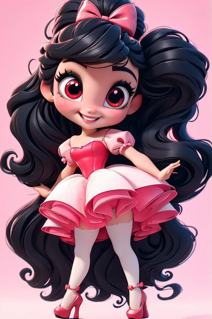 3d illustration, pixar style, cute chibi, baby girl ariana grande, black hair, long hair, red bow in hair, dress red with black with white dots, bright eyes, big eyelash, pink cheeks, happy, smiling, glitter, white socks, red high heels shoes, exuberant, fantastic, cute pose, wonderful, white background, clean solid background, hq, 8k, masterpiece