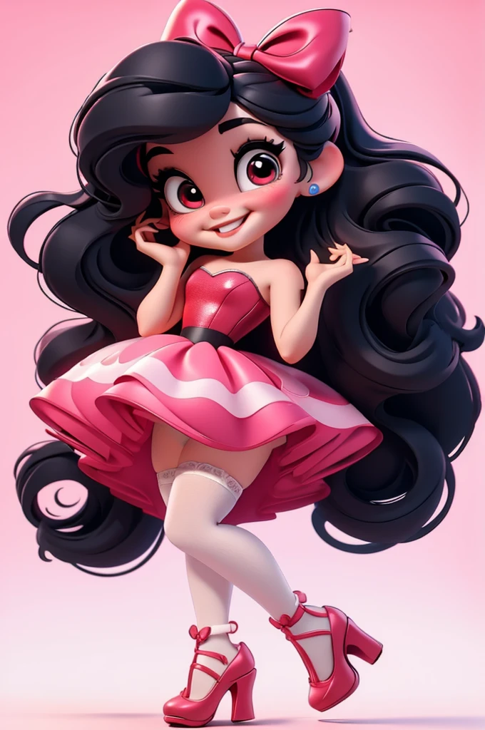 3d illustration, pixar style, cute chibi, baby girl ariana grande, black hair, long hair, red bow in hair, dress red with black with white dots, bright eyes, big eyelash, pink cheeks, happy, smiling, glitter, white socks, red high heels shoes, exuberant, fantastic, cute pose, wonderful, white background, clean solid background, hq, 8k, masterpiece
