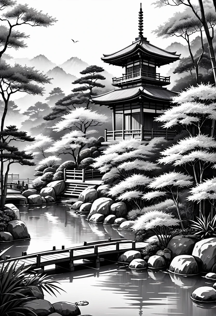 a detailed traditional japanese architectural landscape, black and white ink painting, intricate line art, minimalist, detailed brush strokes, calligraphic, delicate, tranquil, serene, ornate, detailed rooftops, traditional shoji screens, bamboo forest, pagoda, koi pond, zen garden, natural lighting, highly detailed, masterpiece, (best quality,4k,8k,highres,masterpiece:1.2),ultra-detailed,(realistic,photorealistic,photo-realistic:1.37)