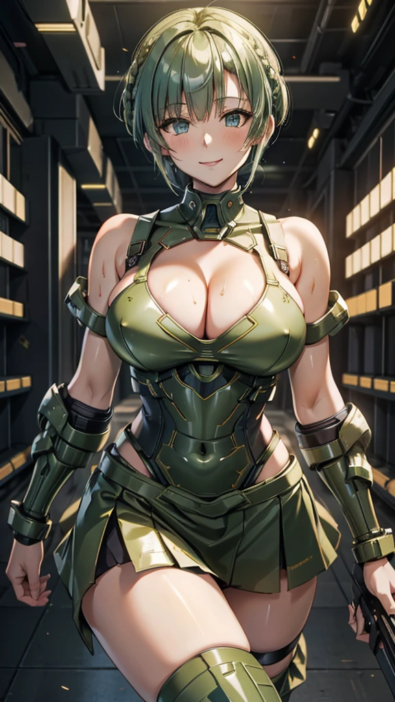 Military green translucent armor,Arm mecha,light blue short hair,Braided hairstyle,Large Breasts,Cleavage,Pistol hanging from waist,fighter pilot,fighter hangar,Sexy,Lipstick,miss,Golden Eyes,stockings,Short skirt,Smile