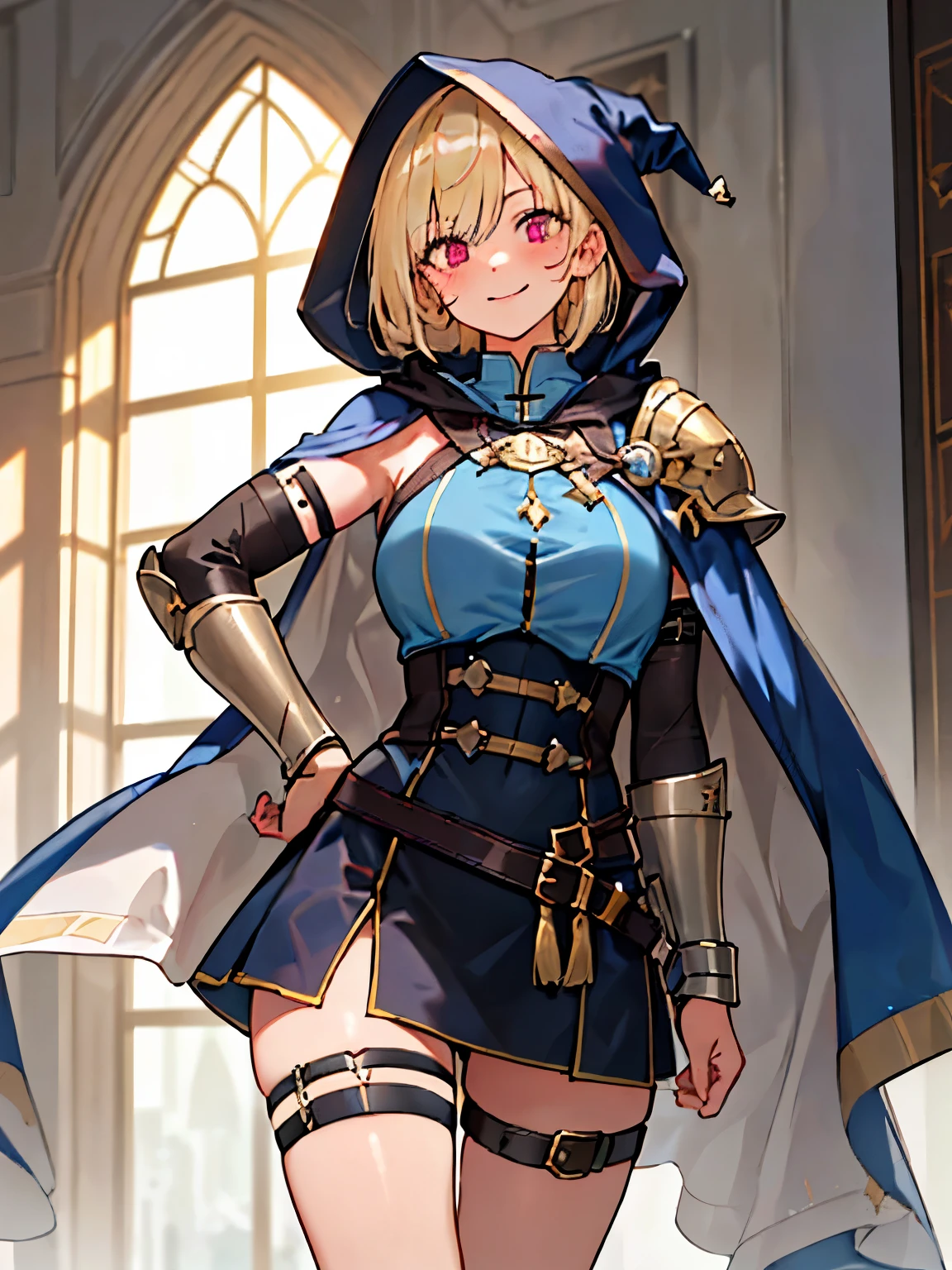 ((High quality, absurd-res, high-res, masterpiece)), ((solo, 1girl)), anime girl, ((youthful girl, slender girl, busty girl, huge breasts:2, heavy breasts, round breasts:2, long legs, slender legs)). ((Blonde hair, platinum blonde hair, short hair, long bangs, straight hair, bob, inverted bob)), ((Silver-pink eyes, detailed eyes)), ((Cute face, pretty face, youthful face, childlike face, detailed face, finely detailed face)), ((happy expression, content expression, serene expression, small smile)). Simple background, inside, indoors, bedroom. ((Fantasy Adventurer, Medieval Fantasy Adventurer, Mage, Knight, Witch, Mage knight, Witch knight, Battlemage)), ((Black dress, corset, blue robes, hooded robes, steel pauldron, steel bracers, thigh strap))