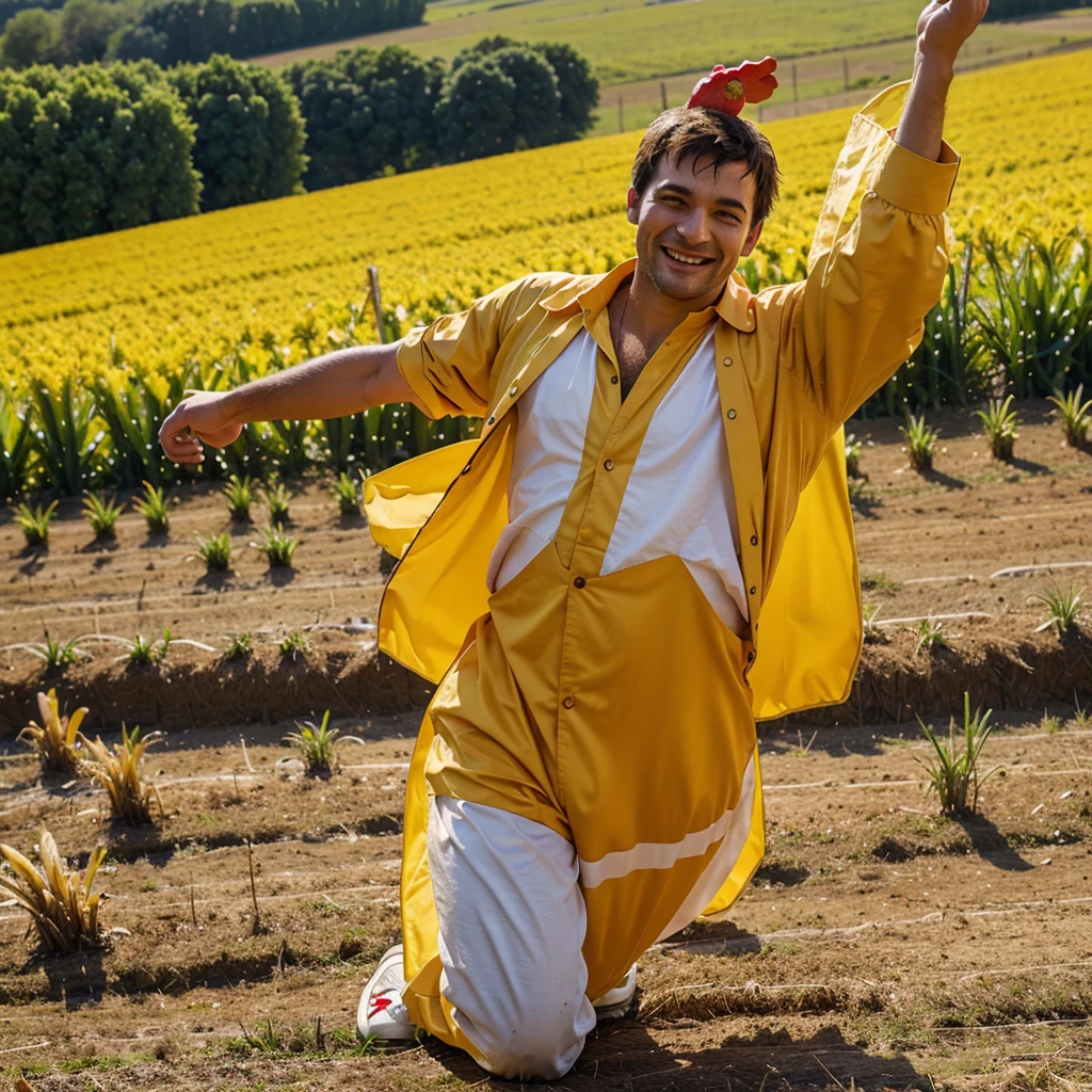 cheerful man with open arms dressed as a chicken in the field, High Definition, vivid colors