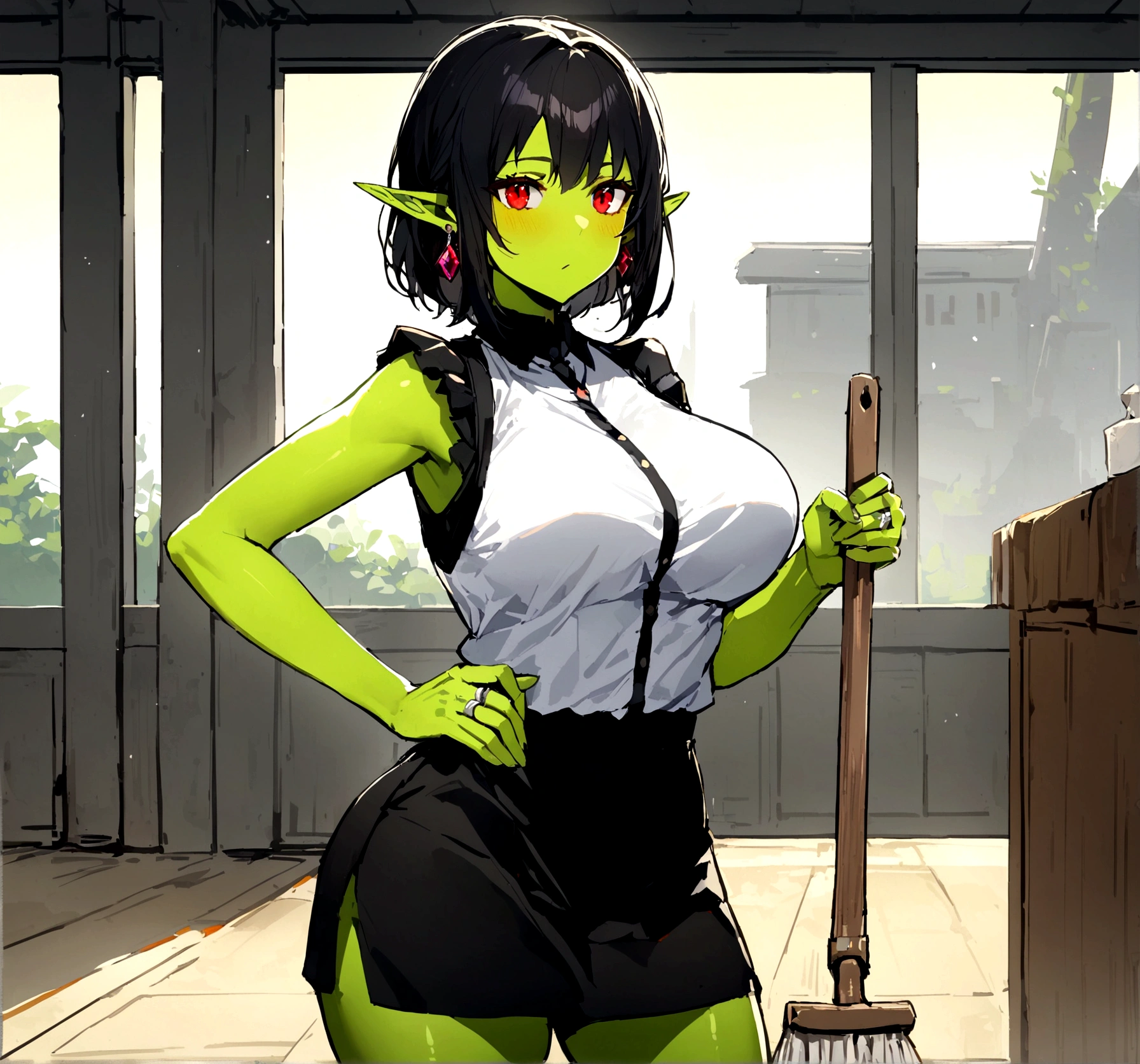 1 girl,standing alone,Elf girl,Bblack hair, short-hair,Red eye,colored fur,greenskin,Breasts huge,presumptuous,housekeeper,ring earrings,chocker,hinterland,cowboy shot,Mop in hand