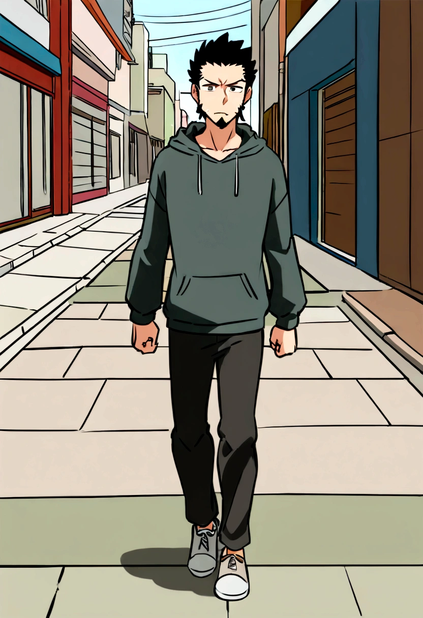 A pale teenager with some acne with long messy black hair and some visible sideburns, dark brown eyes, a serious/slightly ill humored expression, some facial hair starting to grow, wearing a dark grey Zip-Up Hoodie, comfy dark grey pants, and simple grey shoes, with a dark green t-shirt underneath his hoodie, in anime style, walking a standard anime style street in a shadowed area of the sidewalk in broad daylight, in anime style, examples include 2d Anime styles, make sure he is not overly happy or joyful looking and no details are missed.