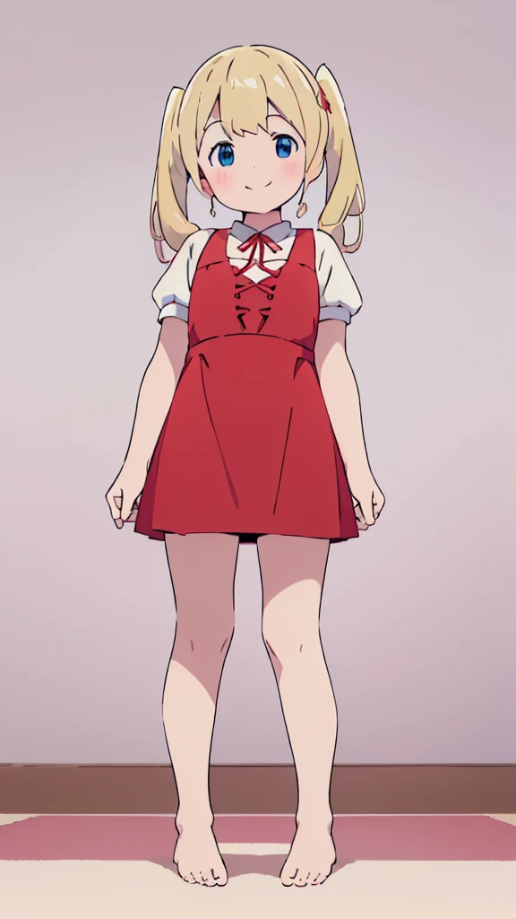 ((masterpiece))((Highest quality))girl、smile、blush、Flat Chest、Are thin、、low length、Blonde、Long twin tails、Embarrassed、Are standing、Red Dress、Whole body image、Even your toes are visible、Eye level on face、front、No background、mayonnaise、真frontのアングル
