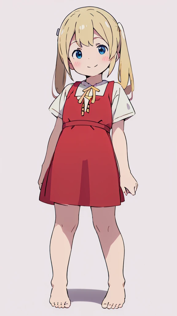 ((masterpiece))((Highest quality))girl、smile、blush、Flat Chest、Are thin、、low length、Blonde、Long twin tails、Embarrassed、Are standing、Red Dress、Whole body image、Even your toes are visible、Eye level on face、front、No background、mayonnaise、真frontのアングル