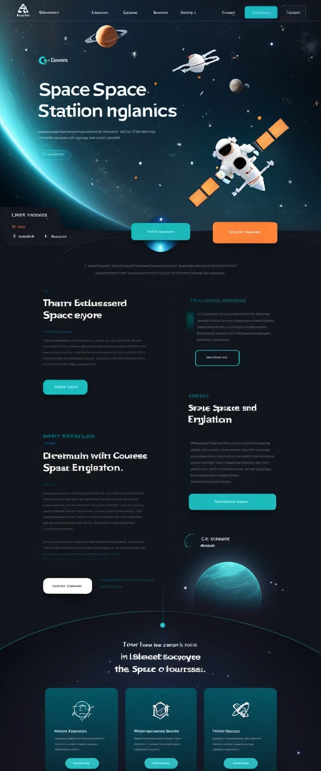 A futuristic and sleek website interface for space education courses. Dark background resembling deep space, with subtle twinkling stars. Dominant colors are deep blue, black, and accents of bright teal and warm orange. The main area features a 3D interactive model of space station that appears to float above the page. surrounding this are minimalist card layouts for different course categories, each with a small icon representing topics like Astronomy, Astrophysics, and Space Engineering. The top of the page has a slim header with a telescope-shaped search bar. Crisp, modern typography in white contrasts against the dark background. A sidebar shows glimpses of course content with high-quality space imagery. The overall aesthetic balances professional education with the wonder of space exploration, creating an immersive and cutting-edge digital learning environment.