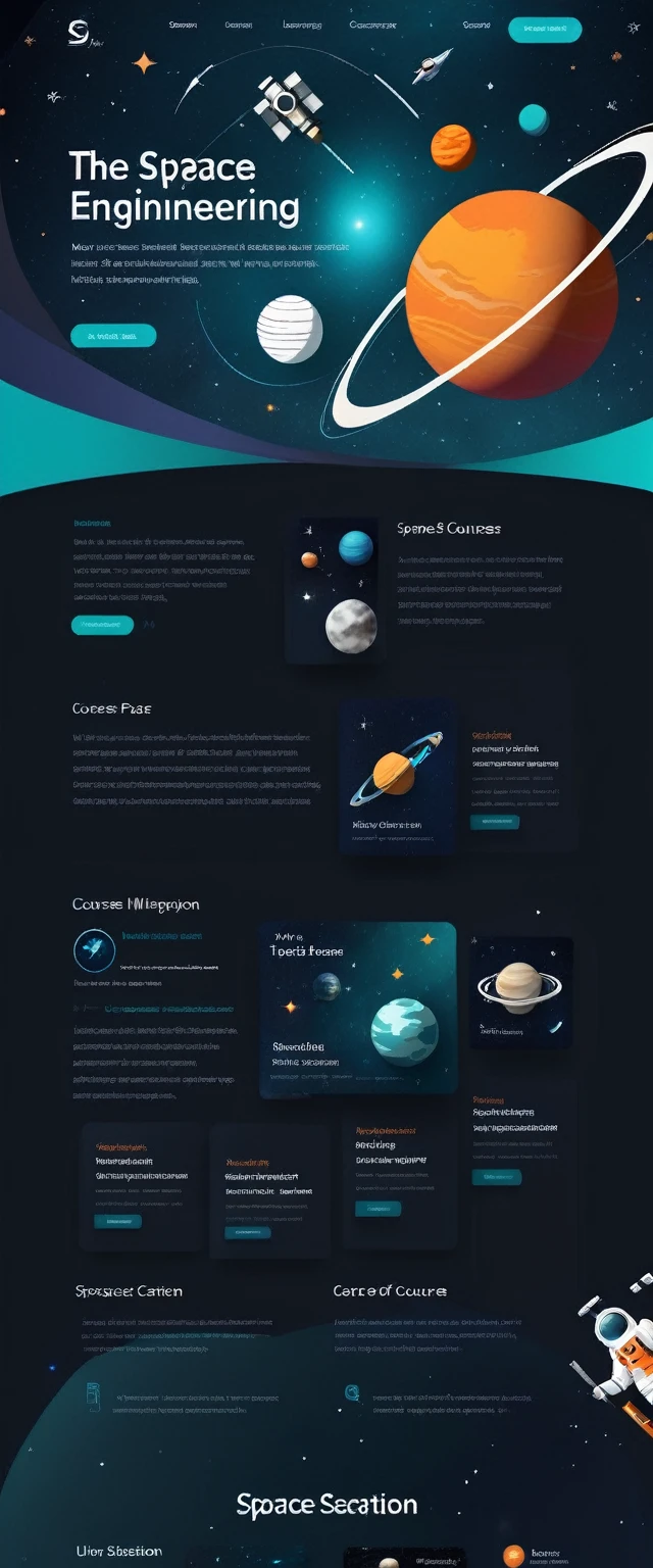A futuristic and sleek website interface for space education courses. Dark background resembling deep space, with subtle twinkling stars. Dominant colors are deep blue, black, and accents of bright teal and warm orange. The main area features a 3D interactive model of space station that appears to float above the page. surrounding this are minimalist card layouts for different course categories, each with a small icon representing topics like Astronomy, Astrophysics, and Space Engineering. The top of the page has a slim header with a telescope-shaped search bar. Crisp, modern typography in white contrasts against the dark background. A sidebar shows glimpses of course content with high-quality space imagery. The overall aesthetic balances professional education with the wonder of space exploration, creating an immersive and cutting-edge digital learning environment.
