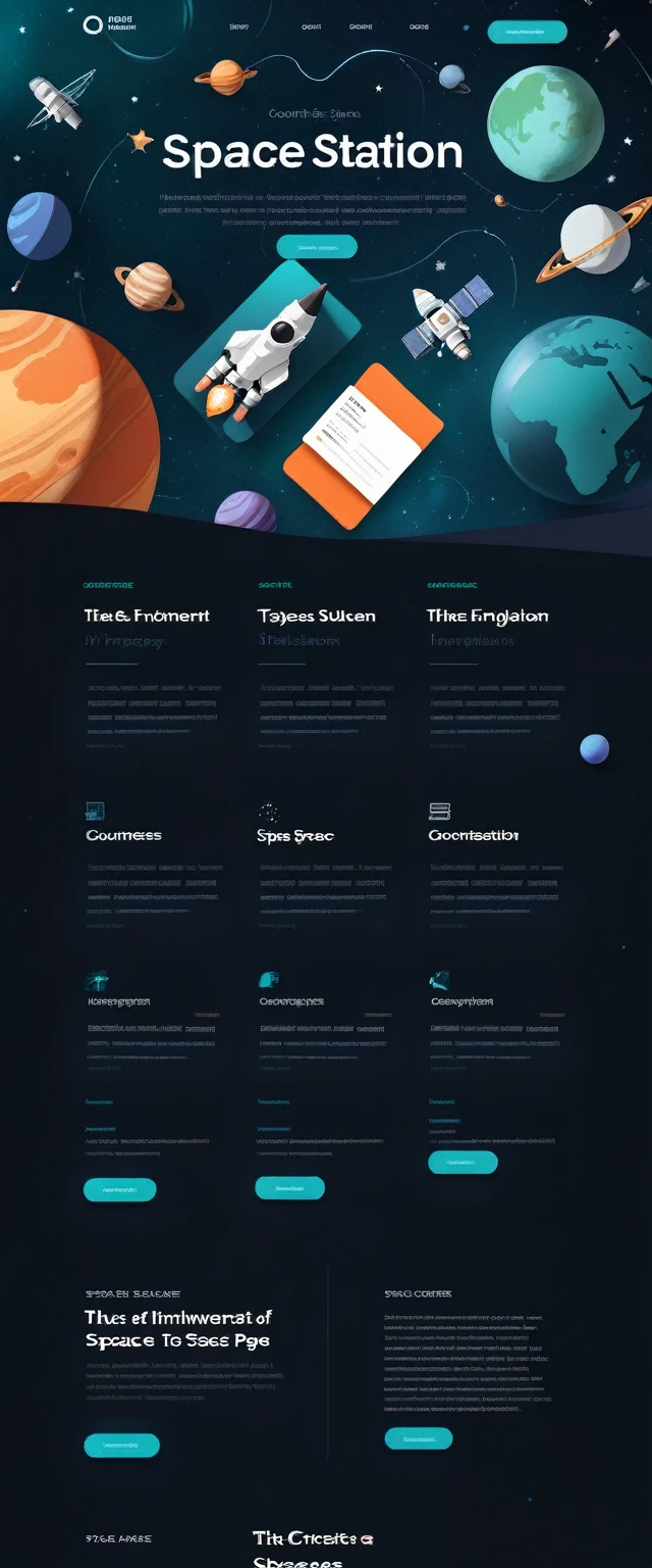 A futuristic and sleek website interface for space education courses. Dark background resembling deep space, with subtle twinkling stars. Dominant colors are deep blue, black, and accents of bright teal and warm orange. The main area features a 3D interactive model of space station that appears to float above the page. surrounding this are minimalist card layouts for different course categories, each with a small icon representing topics like Astronomy, Astrophysics, and Space Engineering. The top of the page has a slim header with a telescope-shaped search bar. Crisp, modern typography in white contrasts against the dark background. A sidebar shows glimpses of course content with high-quality space imagery. The overall aesthetic balances professional education with the wonder of space exploration, creating an immersive and cutting-edge digital learning environment.