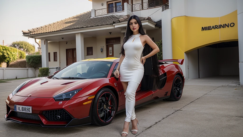 Turkish girl, 30 years old. Tall figure, beautiful face, dark eyes, high nose, plump lips, bright smile, long black hair. smooth white skin. wearing a tight red dress. standing and posing in front of the yellow lambogini supercar. Realistic images, clear details, realistic and vivid color schemes.