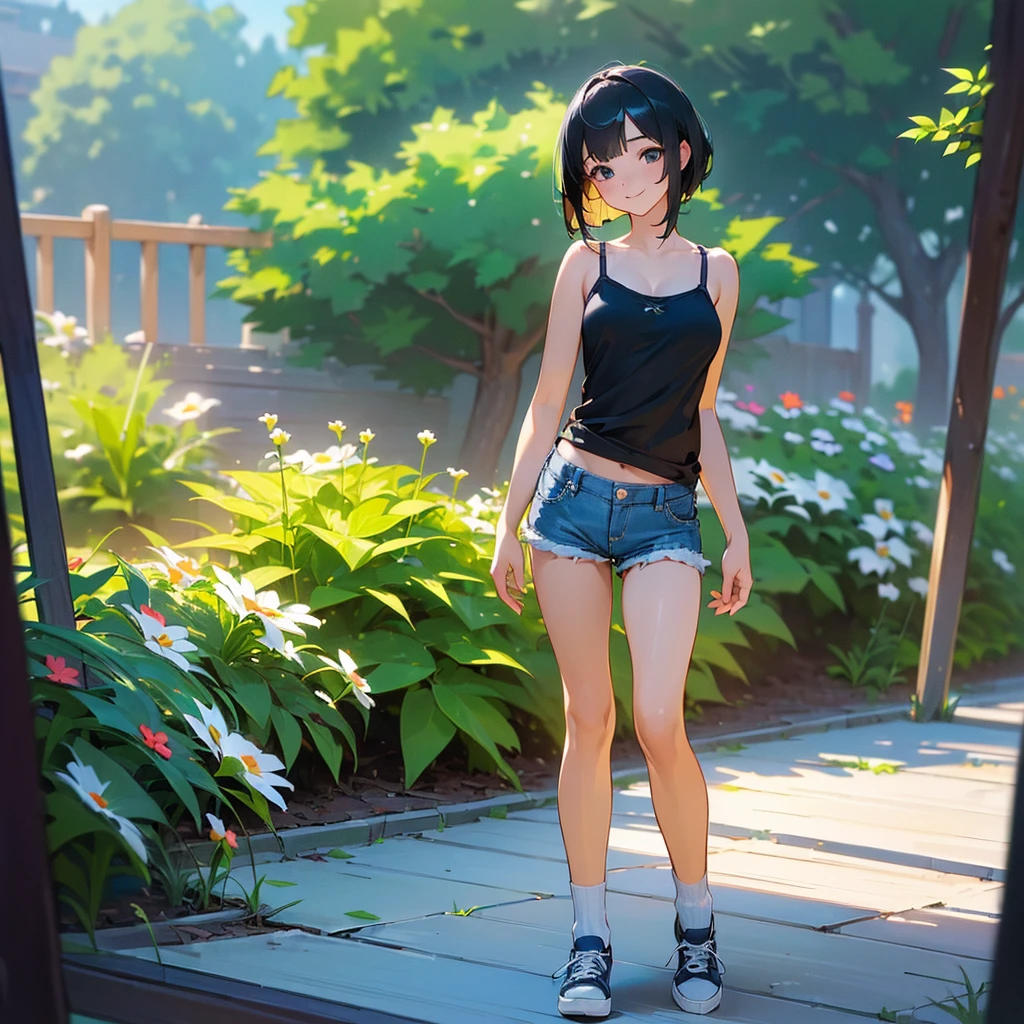 (high quality, High resolution, Very detailed, reality:1.37), Peaceful atmosphere, (Outdoor, garden), Teenage girl standing alone, (my breasts are big.), Beautiful details, Cute Smile, (Black bob hair), camisole, Denim shorts, Blue socks, sneakers.