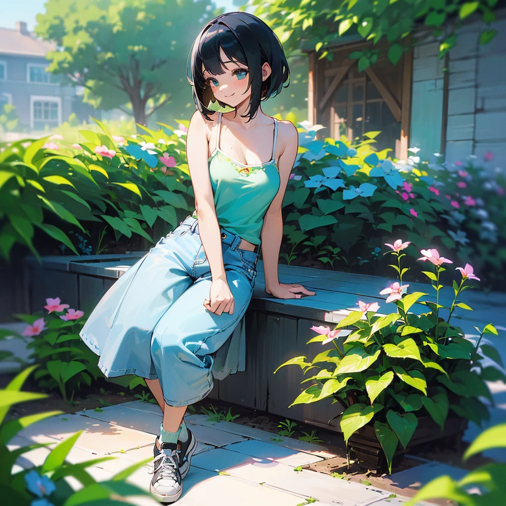 (high quality, High resolution, Very detailed, reality:1.37), Peaceful atmosphere, (Outdoor, garden), Teenage girl standing alone, (my breasts are big.), Beautiful details, Cute Smile, (Black bob hair), camisole, Denim shorts, Blue socks, sneakers.