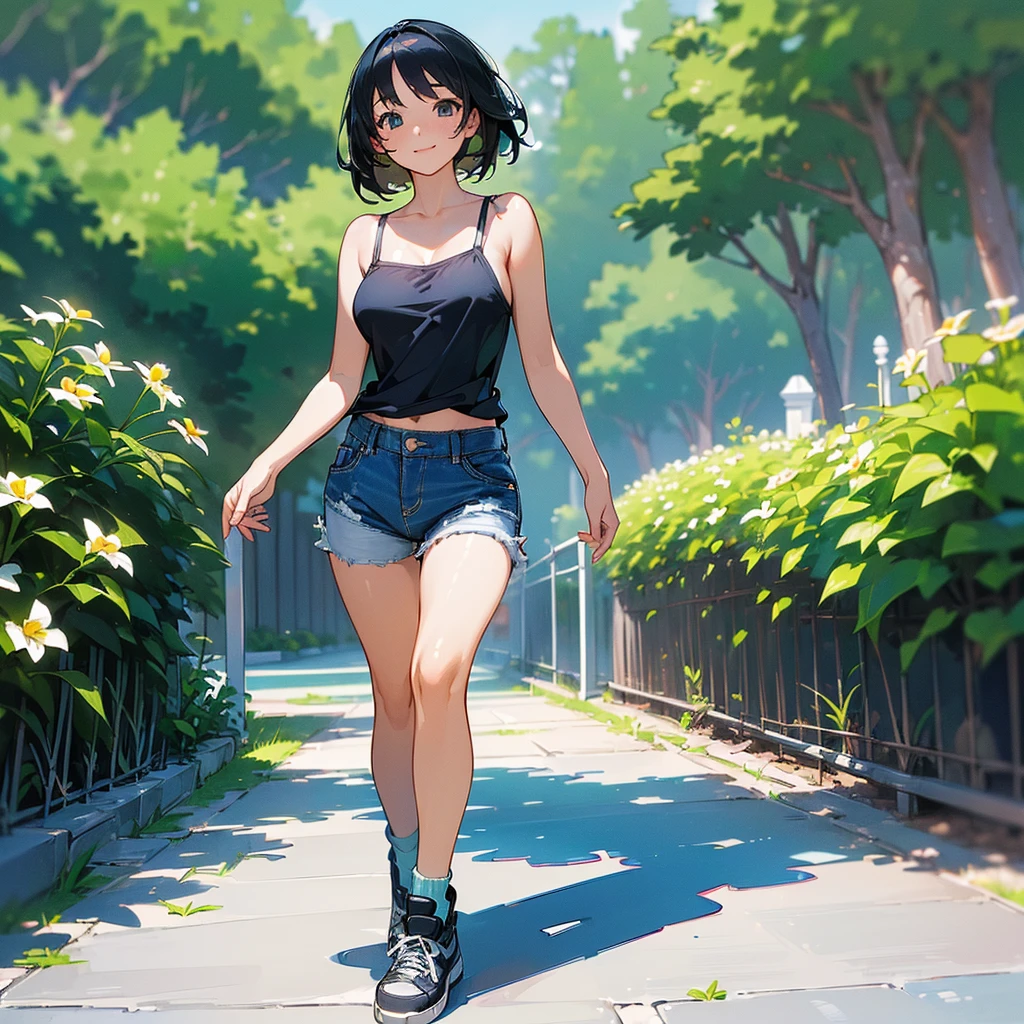 (high quality, High resolution, Very detailed, reality:1.37), Peaceful atmosphere, (Outdoor, garden), Teenage girl standing alone, (my breasts are big.), Beautiful details, Cute Smile, (Black bob hair), camisole, Denim shorts, Blue socks, sneakers.