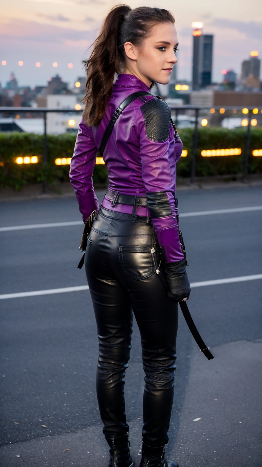 (masterpiece), (photorealistic1.4), (epiCRealLife), (lora:KateBishopFNLoRA:1.0 ribbed bodysuit costume), (KateBishopFNLoRA black leather pants), (KateBishopFNLoRA utilities belt), (leg holster) (KateBishopFNLoRA black gloves), (Kate Bishop Purple Costume),, (epiCFlashPhoto), (harness), (medium height), (ponytail), (young woman), ,(flashphoto), (flash photography), (make up) , (Kristen Stewart), (on New York Rooftop), (Kristen Stewart smile), (back poses), (from behind), (show back)