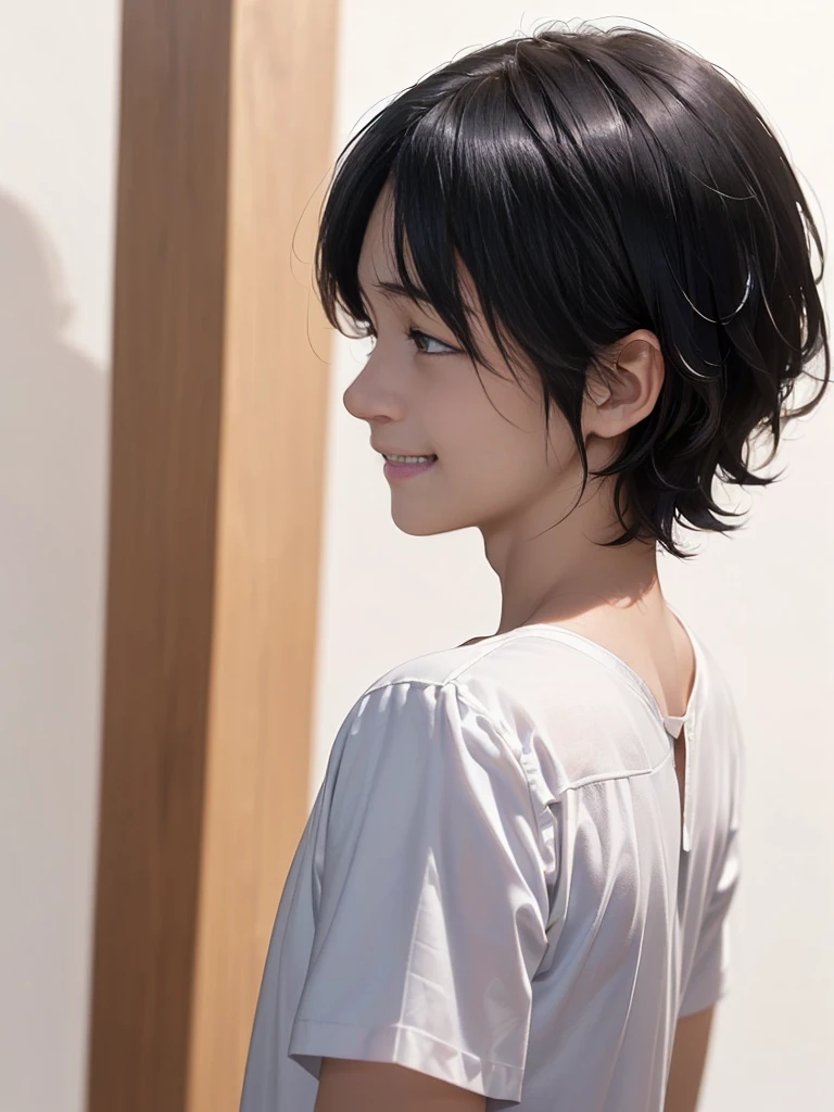 (((Masterpiece))), (high quality), one Japanese boy, 18 years old,(tall and thin,sleepy droopy eyes, long face,thin cheeks:1.5),(black shaggy short hair,blank expression,smile:1.5),Short Hair,Perm,White shirt,(Back view:1.5),(Plain background:1.5),