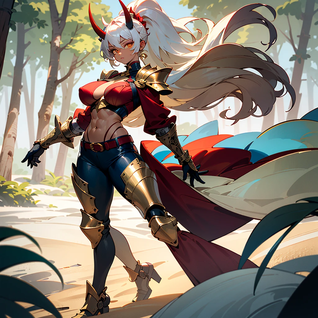 ((best quality)), ((masterpiece)), (detailed), 1girl, off-shoulder sweater, 8k_wallpaper, extremely detailed eyes, extremely detailed body, (large masterpiece digital art), ((perfect anatomy huge chest)), (intricate details:1.3), (ultra-detailed:1.3), (sharp focus:1.3), (natural lighting:1.05), (vivid colors:1.3), (best quality:1.4), high quality, expressive eyes, full body, tall girl, detailed face, beautiful face, perfect face, detailed ((sand hair)), (gold eyes), ((big red horns)), {{dark skin}}, ({dark skinned female}), gigantic breasts, thick thighs, a young Korean woman, (with golden eyes), (ponytail sandy lush hair), {tanned dark bronze skins), powerful sculpted leg muscles, powerful sculpted arm muscles, powerful sculpted abdominal muscles, sculpted thigh muscles, wears a red coat with rolled up sleeves, gold-colored steel heavy armor, a wide red leather belt with silver thread, leather pants with steel thigh guards, leather steel gloves, walking through the forest, trees with blue foliage and white flowers,
