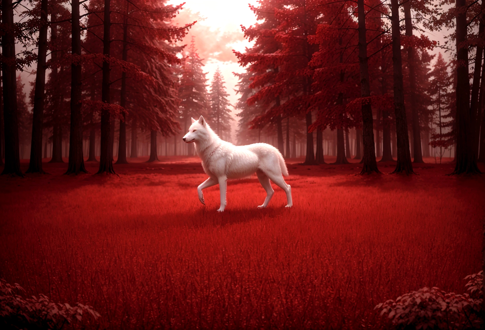 (work of art, best qualityer:1.2), realistic white wolf , In the ancient forest,  in a red dream world, red forest, in a red forest, incredible depth, red mood in background, shades of red, fot