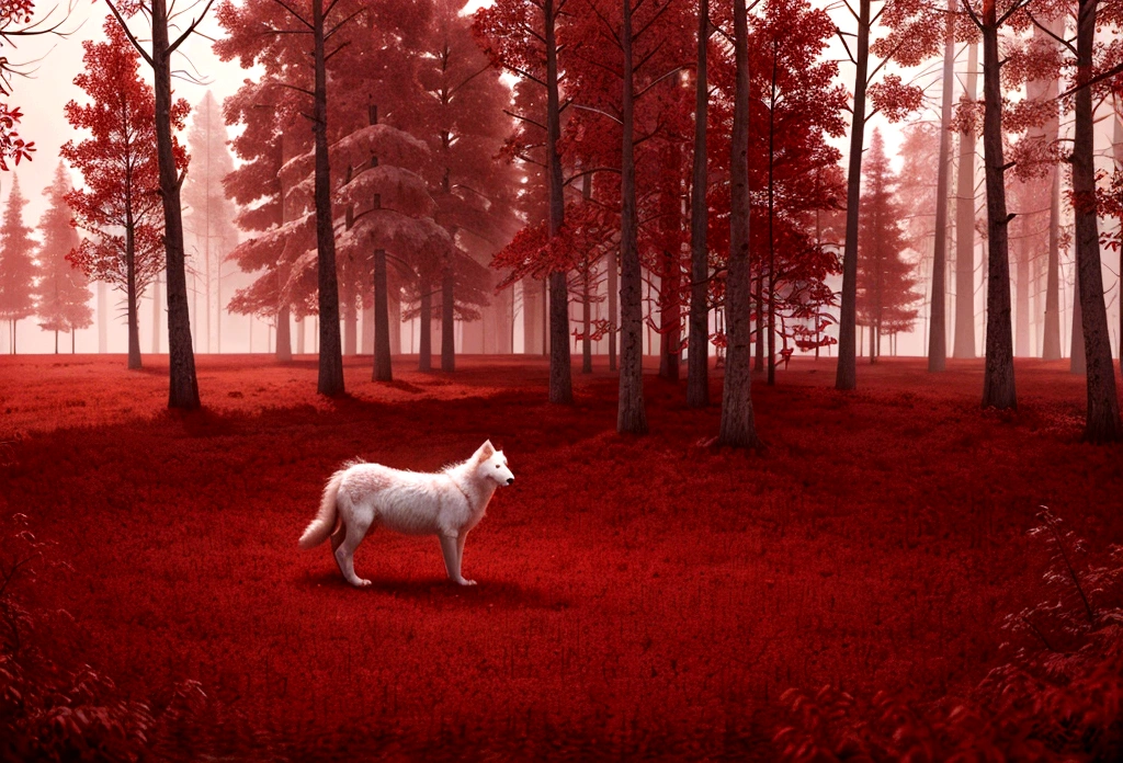 (work of art, best qualityer:1.2), realistic white wolf , In the ancient forest,  in a red dream world, red forest, in a red forest, incredible depth, red mood in background, shades of red, fot