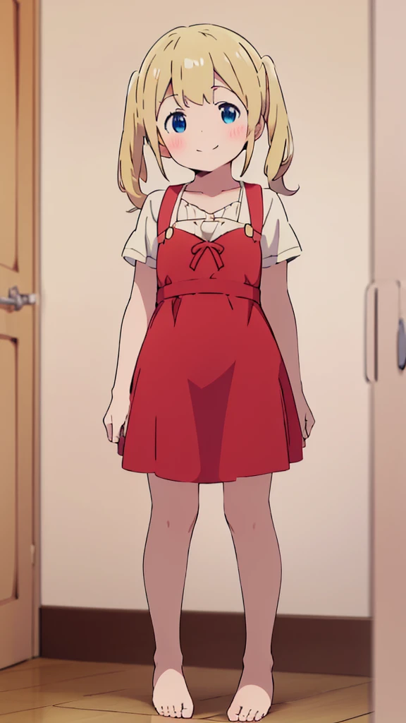 ((masterpiece))((Highest quality))girl、smile、blush、Flat Chest、Are thin、、low length、Blonde、Long twin tails、Embarrassed、Are standing、Red Dress、Whole body image、Even your toes are visible、Eye level on face、front、No background、mayonnaise、真frontのアングル