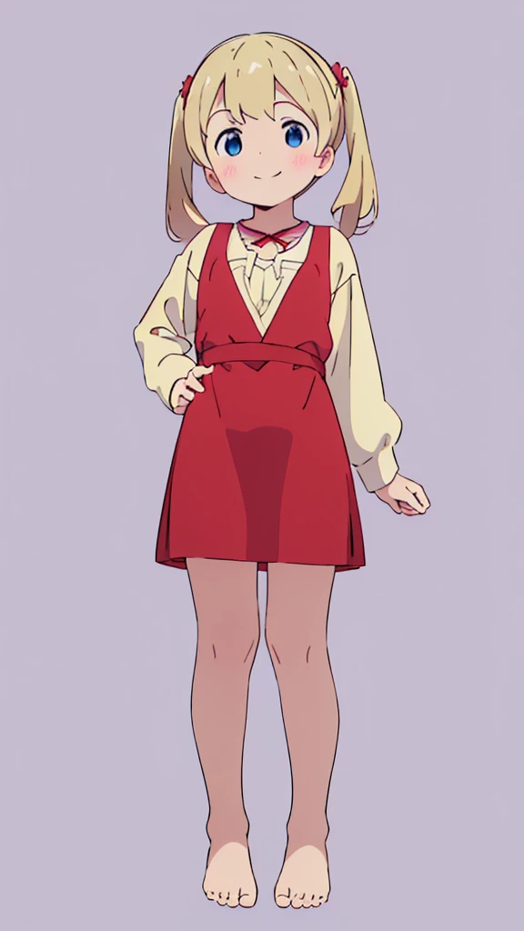 ((masterpiece))((Highest quality))girl、smile、blush、Flat Chest、Are thin、、low length、Blonde、Long twin tails、Embarrassed、Are standing、Red Dress、Whole body image、Even your toes are visible、Eye level on face、front、No background、mayonnaise、真frontのアングル