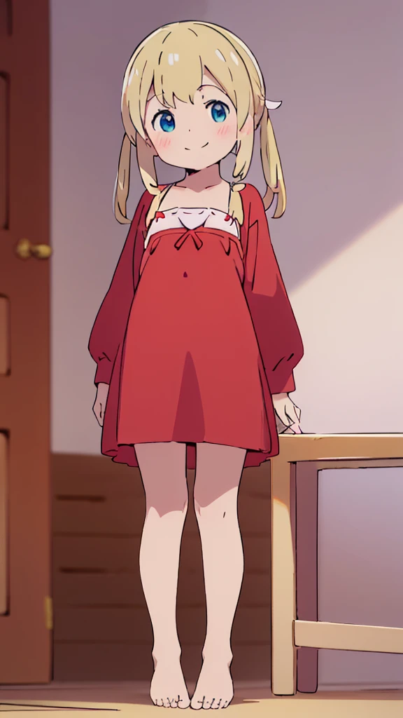 ((masterpiece))((Highest quality))girl、smile、blush、Flat Chest、Are thin、、low length、Blonde、Long twin tails、Embarrassed、Are standing、Red Dress、Whole body image、Even your toes are visible、Eye level on face、front、No background、mayonnaise、真frontのアングル