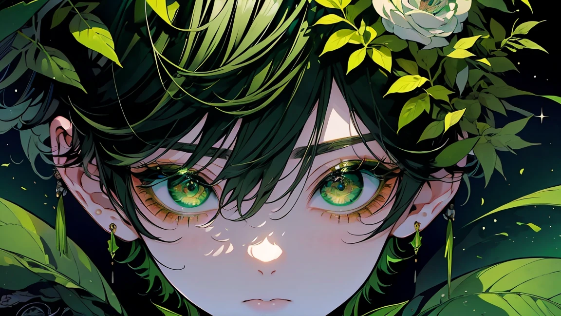 (masterpiece), (Highest quality), Very detailed, 1 boy, Solo Shooting, Perfect Face, Beautiful Face, Very detailed顔，Black Short Hair:1.3)，(Big eyes:1.4)，(Long eyelashes:1.4)、(Green Eyes:1.3)、Lots of flowers