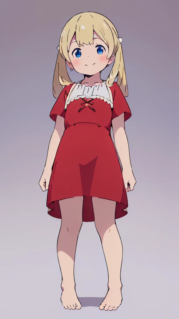 ((masterpiece))((Highest quality))girl、smile、blush、Flat Chest、Are thin、、low length、Blonde、Long twin tails、Embarrassed、Are standing、Red Dress、Whole body image、Even your toes are visible、Eye level on face、front、No background、mayonnaise、真frontのアングル