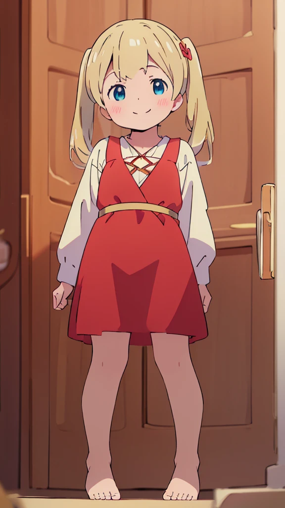 ((masterpiece))((Highest quality))girl、smile、blush、Flat Chest、Are thin、、low length、Blonde、Long twin tails、Embarrassed、Are standing、Red Dress、Whole body image、Even your toes are visible、Eye level on face、front、No background、mayonnaise、真frontのアングル