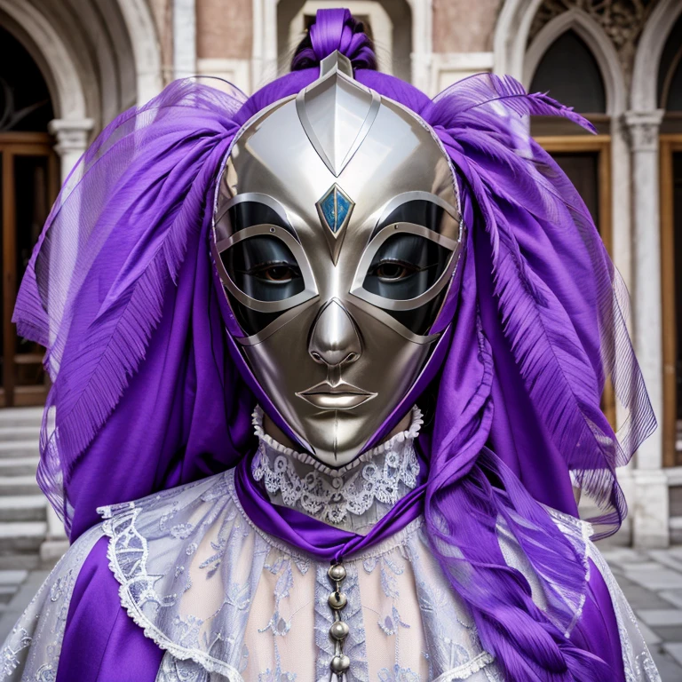 Venice Carnival,Asymmetrical mask,Silver Mask,whole body,Flashy protrusions,Purple long hair,No people,No background,Highest quality,masterpiece,High resolution,8K