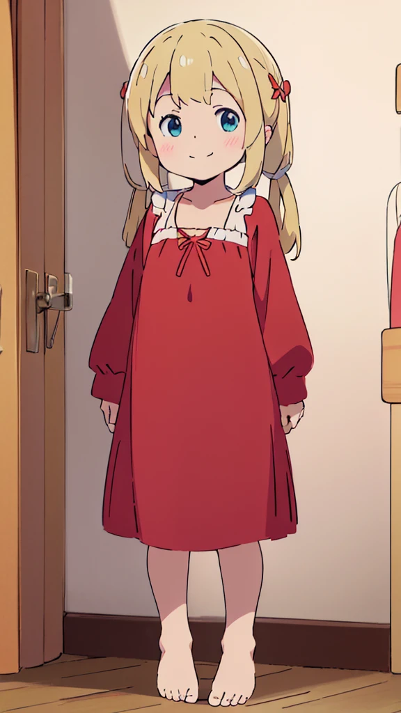 ((masterpiece))((Highest quality))girl、smile、blush、Flat Chest、Are thin、、low length、Blonde、Long twin tails、Embarrassed、Are standing、Red Dress、Whole body image、Even your toes are visible、Eye level on face、front、No background、mayonnaise、真frontのアングル