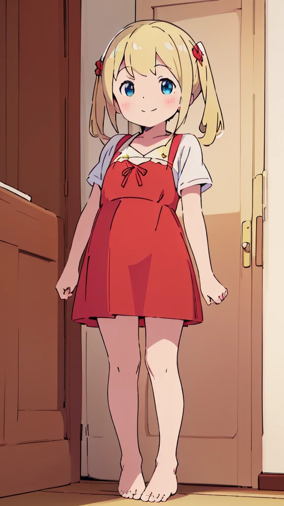 ((masterpiece))((Highest quality))girl、smile、blush、Flat Chest、Are thin、、low length、Blonde、Long twin tails、Embarrassed、Are standing、Red Dress、Whole body image、Even your toes are visible、Eye level on face、front、No background、mayonnaise、真frontのアングル