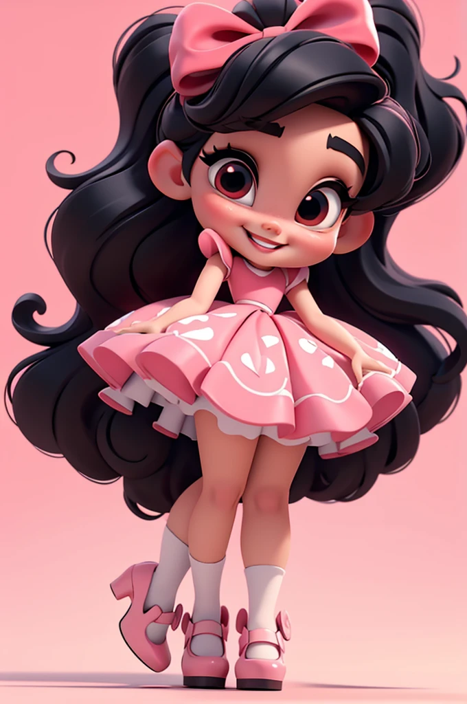3d illustration, pixar style, cute chibi, baby girl ariana grande, black hair, long hair, red bow in hair, dress red with black with white dots, bright eyes, big eyelash, pink cheeks, happy, smiling, glitter, white socks, red high heels shoes, exuberant, fantastic, cute pose, wonderful, white background, clean solid background, hq, 8k, masterpiece
